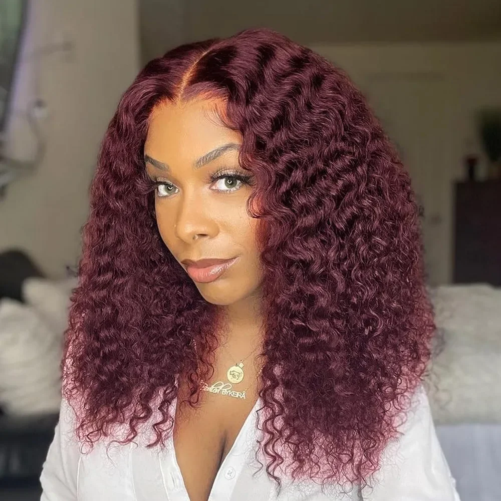 Perruque Bob Lace Front Wig sans colle bouclée rouge bordeaux 99J pour femmes noires, perruques de cheveux humains Deep Wave, 13x4 HD, perruque pré-plumée