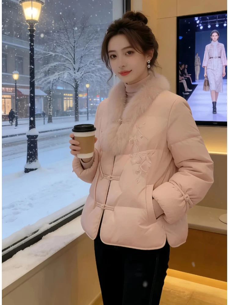 

Elegant Chinese Style Women's Cotton Jacket with Fur Collar Embroidered Button up Warmth Short Outerwear Pink Anti-Aging