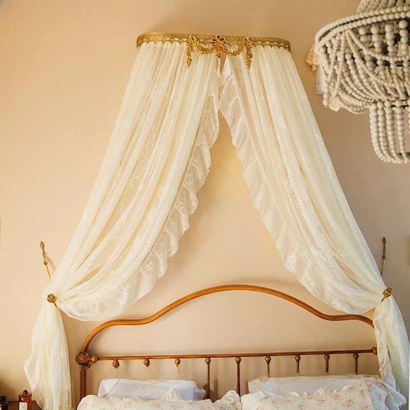 

Retro bed mantle bracket, gold medieval bedroom bedside wall decorative frame, princess style curtain gauze tent rack