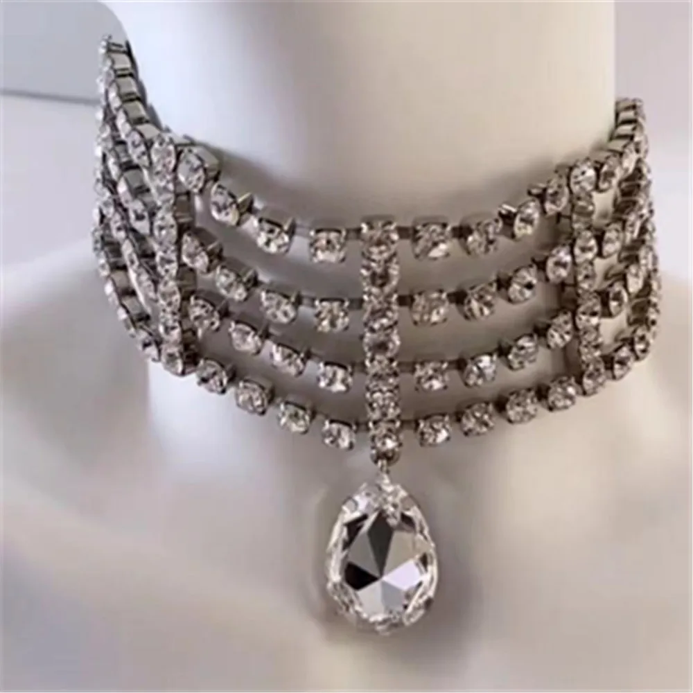 Crystal Hollow Choker Necklace Big Water Drop Pendant Necklace Weddings Jewelry for Women Rhinestone Multiple Rows Collar Choker