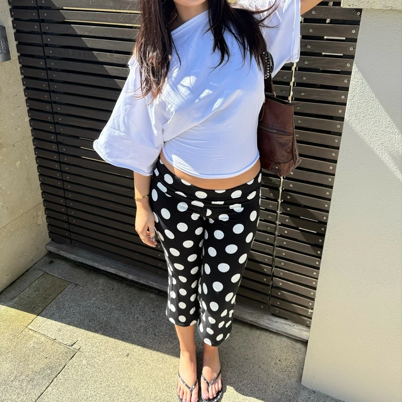 여성용 Y2K 빈티지 밴딩 로우라이즈 카프리 팬츠 슬림 바디콘 트라우저 도트 프린트 크롭 레깅스