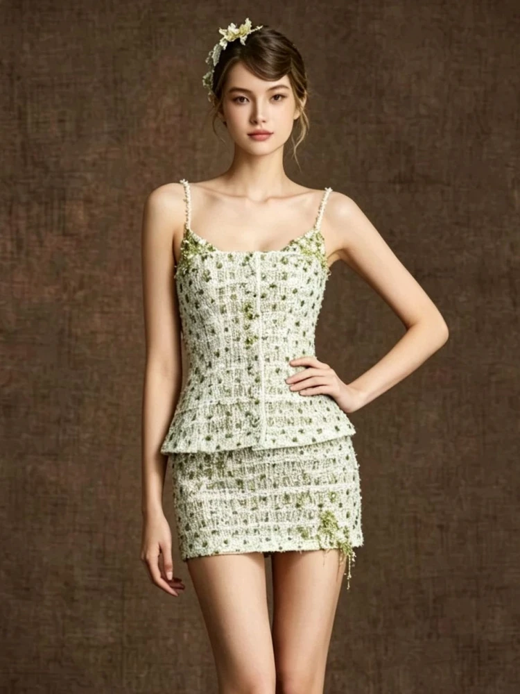 Women Flowers Skirt Two Piece Set Sexy Straps Sequins Florals Buttons Top + Floral Beaded Slim Mini Skirts Sets Evening Cocktai