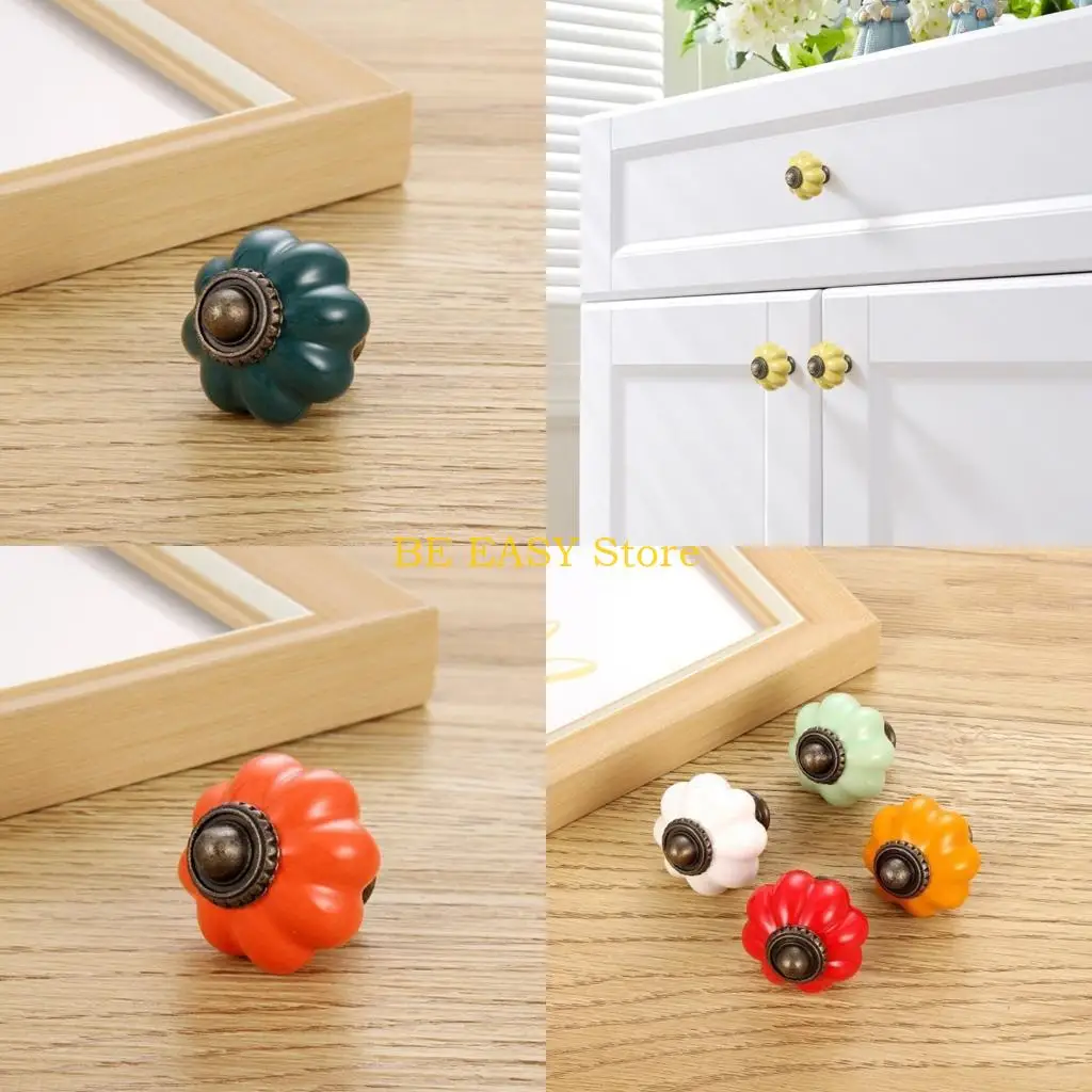 

E28F 6Pcs Ceramic Dressers Knob Kitchen Cabinet Door Handle Wardrobe Pulls Pumpkin Shape Drawer Knob Furniture Hardware