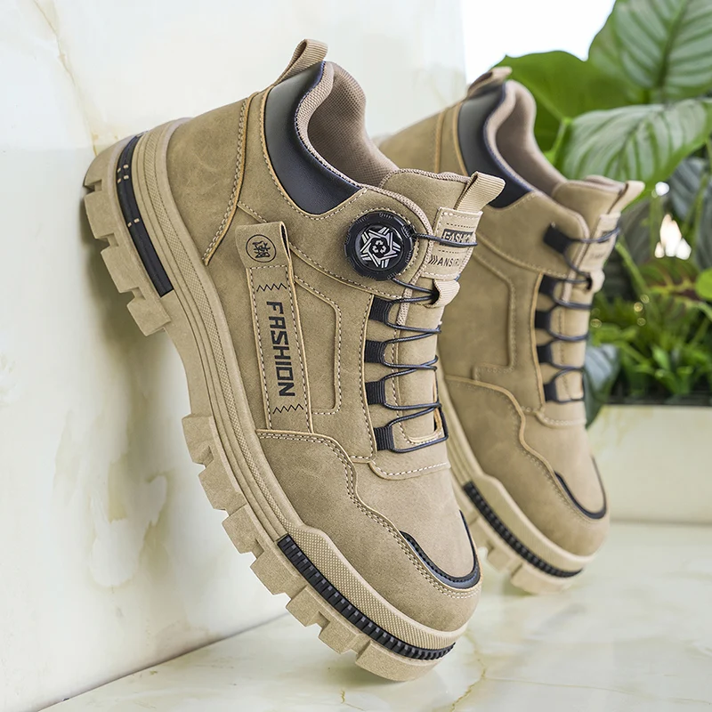 Men Rotating Buckle Suede Chunky Sole Work Shoes, Lightweight Anti Slip Mid Top Sneakers For Urban Daily Outdoor Hiking Office