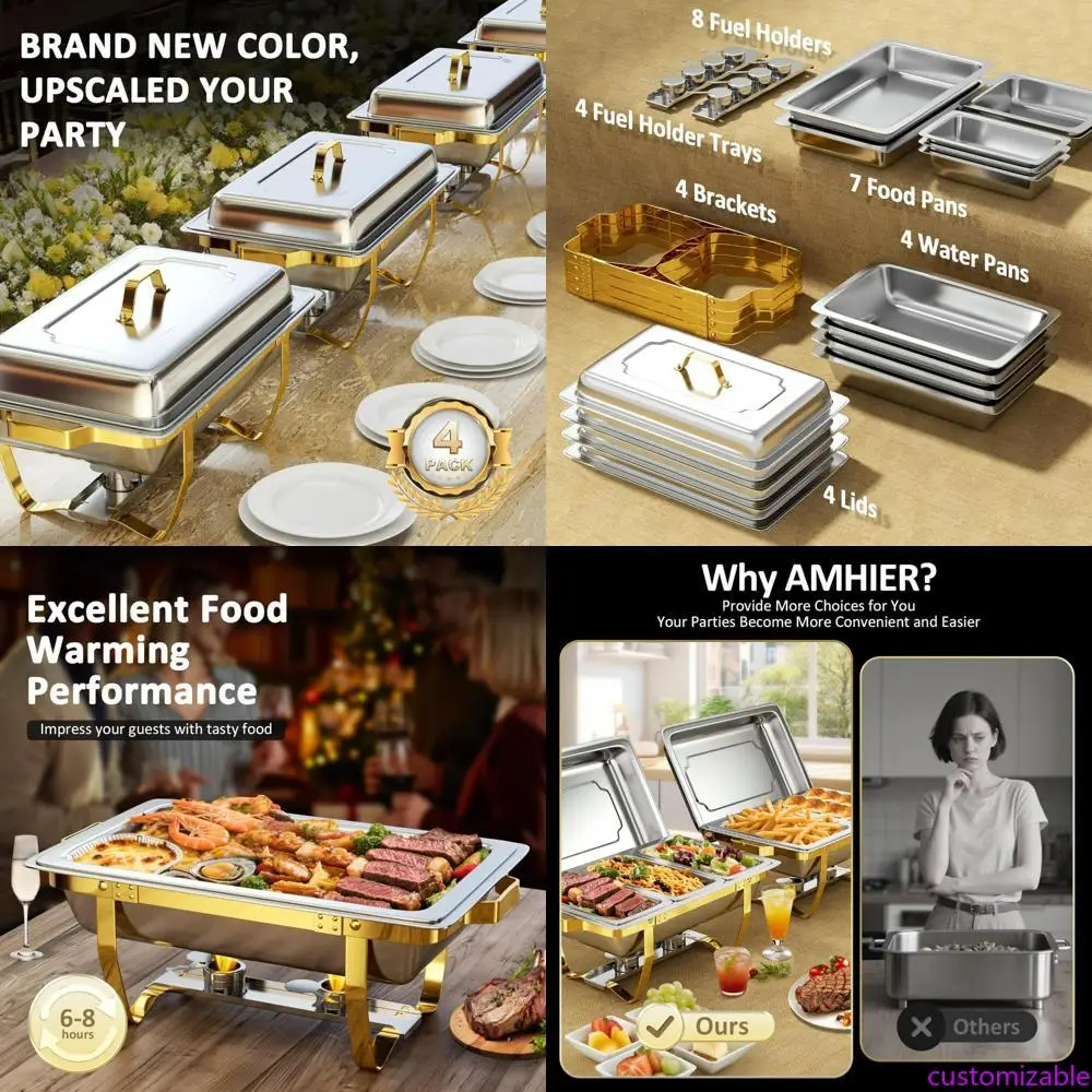 

Набор жаровни для шведского стола из нержавеющей стали, 4 предмета, 7 слоев, емкость 9 литров, элегантные золотые и серебряные тона