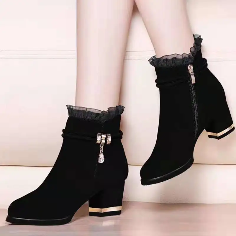 2022 Fashion Elegant Ankle Boots Women Lace Short Boot Ladies Fashion Evening Party High Heel Shoes Suede Botas Classic Black