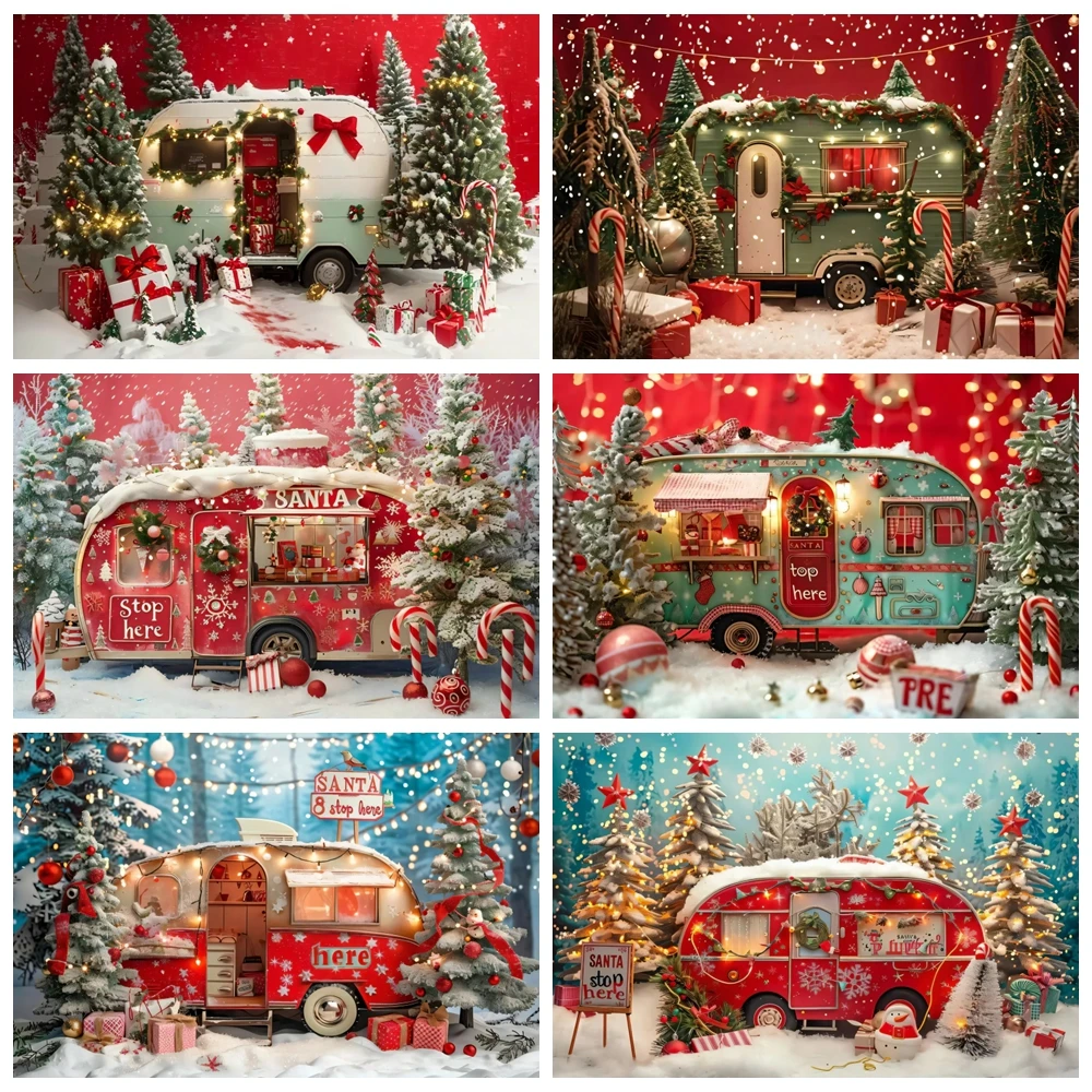 Christmas Truck Photography Backdrop Xmas Tree Winter Forest Snow Candy Cane Gifts Kids Portrait Family Party Photo Background