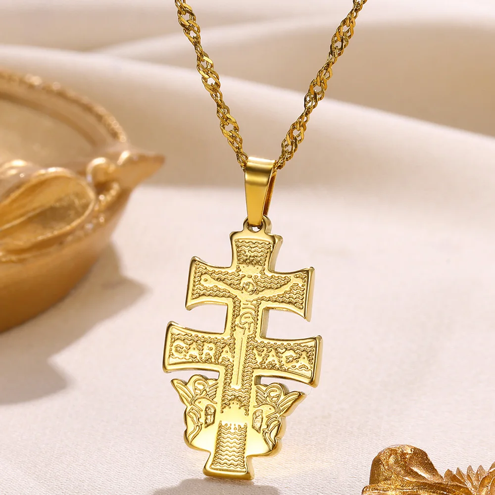 Gold Color Cross Necklace For Women Men Caravaca Angels Crucifix Charm Choker Stainless Steel Rapper Jewelry Hip Hop Gift