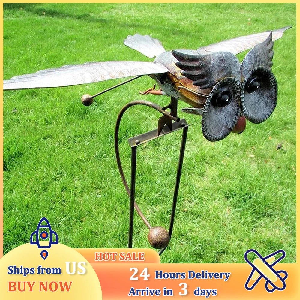 Owl Garden Decoration Iron Wing Flapping Owl Wind Spinner Life-Like Weather Resistant Eagle Garden Stake Outdoor Art Statue