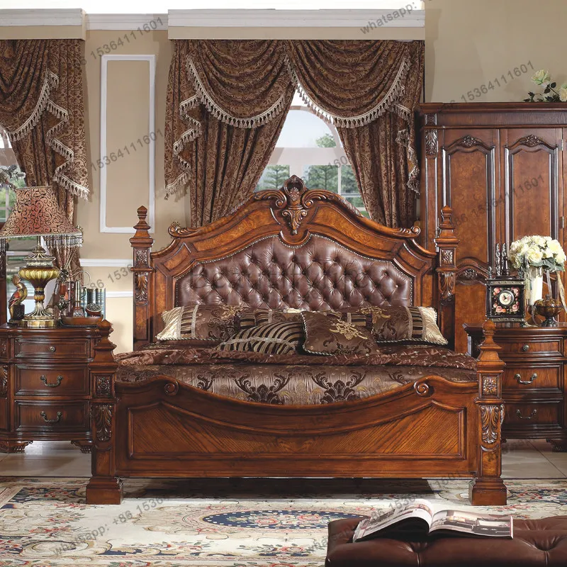 American solid wood European-style villa leather queen bed antique bedroom high-end bedside table matching furniture