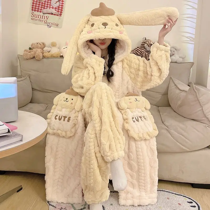 Anime Kuromi Frauen Plüsch Pyjamas Robe Set Nette My Melody Pompom Purins Mädchen Flanell Homewear Winter Lange Stil Verdicken Nachthemd