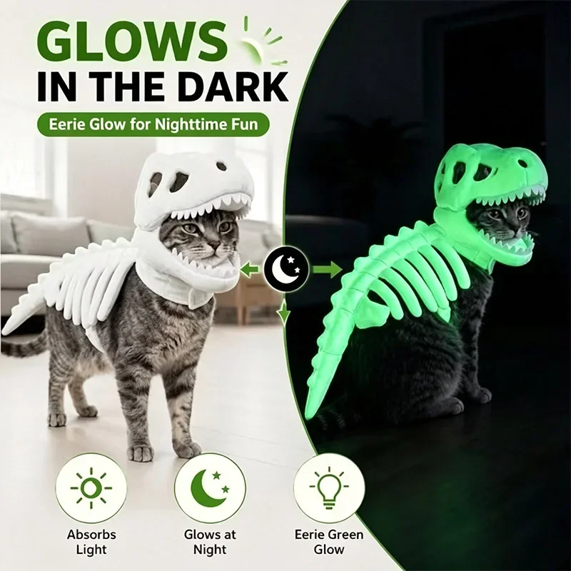 Halloween Dinosaurier-Skelett-Katzenkostüm, leuchtet im Dunkeln, Plüsch-Kapuzen-Cosplay-Outfit für kleine und mittelgroße Katzen, lustiges Party-Foto-Requisit – Detail 2