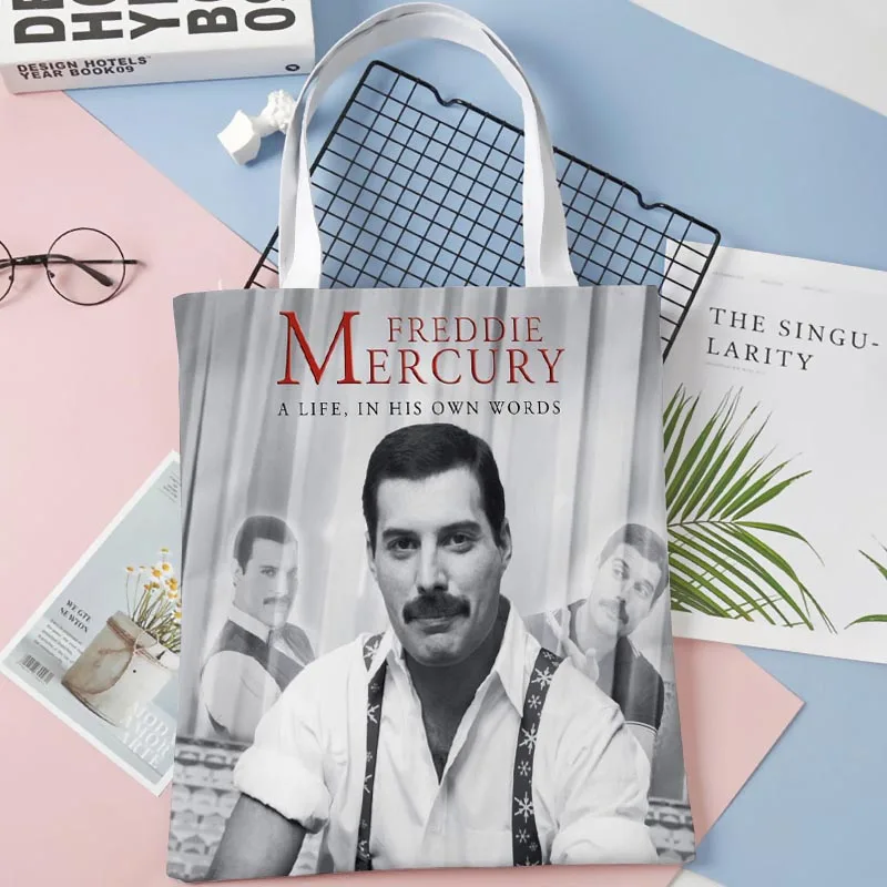 Custom Funny Freddie Mercury Tote Shopping Bags 30x35cm Tote Bag Reusable Handbag Women Shoulder Cloth Pouch Foldable 1014