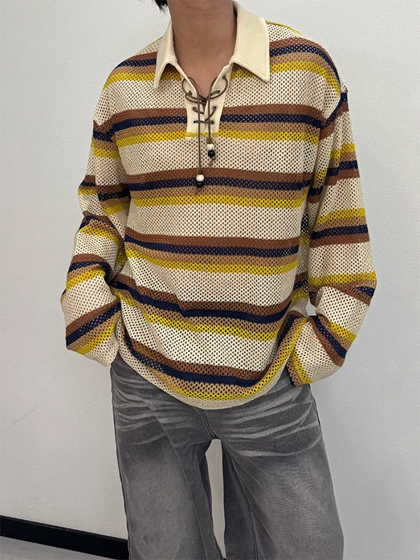 

Мужская рубашка TANGZ STUDIO с полосатым узором и вырезами, свободного кроя, весна-лето, дышащая, с охлаждающим эффектом, с длинным рукавом, повседневная