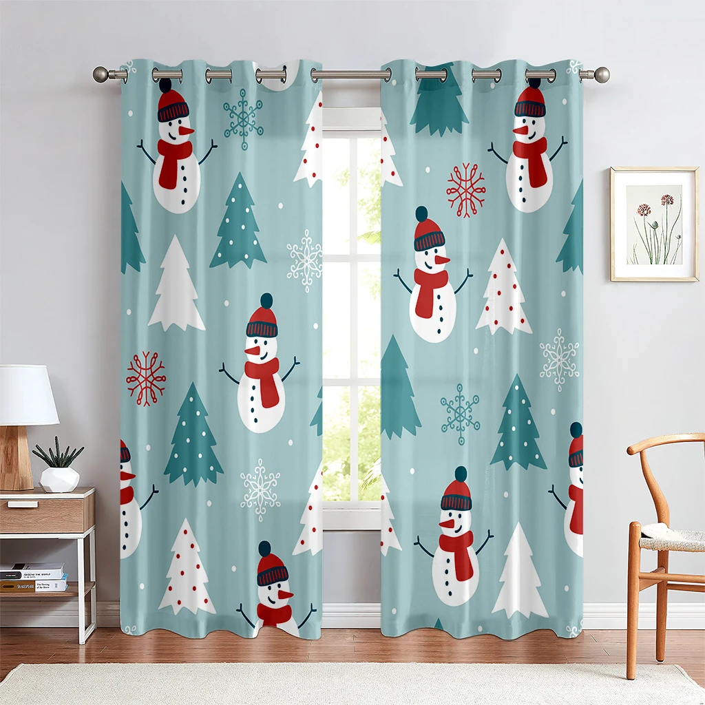 2pcs Curtains With A Cute Cartoon Snowman Print—Perfect For Christmas Holiday Decor Or A New Year's Gift For Children.