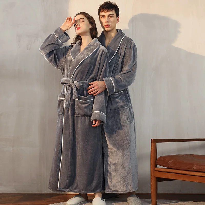 Winter Autumn Coral Fleece Thickened Long Robe Couple New Sleepwear Home Wear Warm Flannel Men Nightwear Kimono Bathrobe Gown