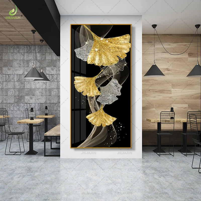 Golden plant ginkgo leaves high glossy porcelain crystal painting wholesale price high quality printing for wall decoration