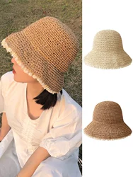 Summer Lace Brim Straw Hat Handmade Weave Hollow Foldable Sun Panama Casual UV Sunscreen Beach Cap Korea Fashion Foldable Bucket