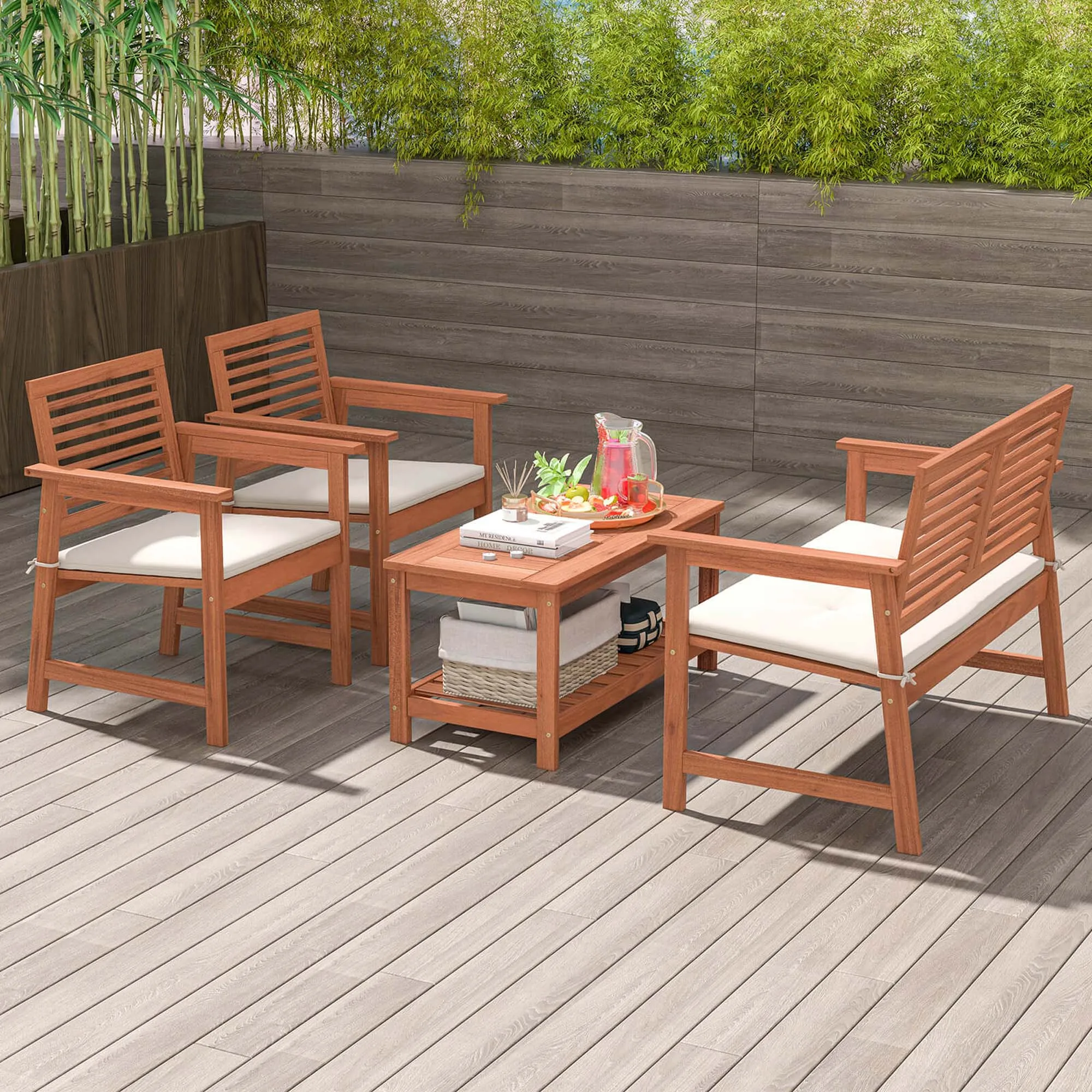 4 PCS Patio Conversation Set with Soft Seat Cushions 2-Tier Rectangle Coffee Table