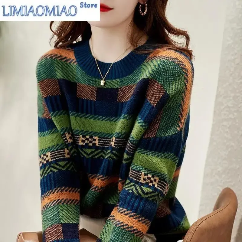 

New Sweater Autumn Winter Personality Contrast Color Striped Round Neck Long-sleeved Loose Pullover Knitted Top Women's Clothing