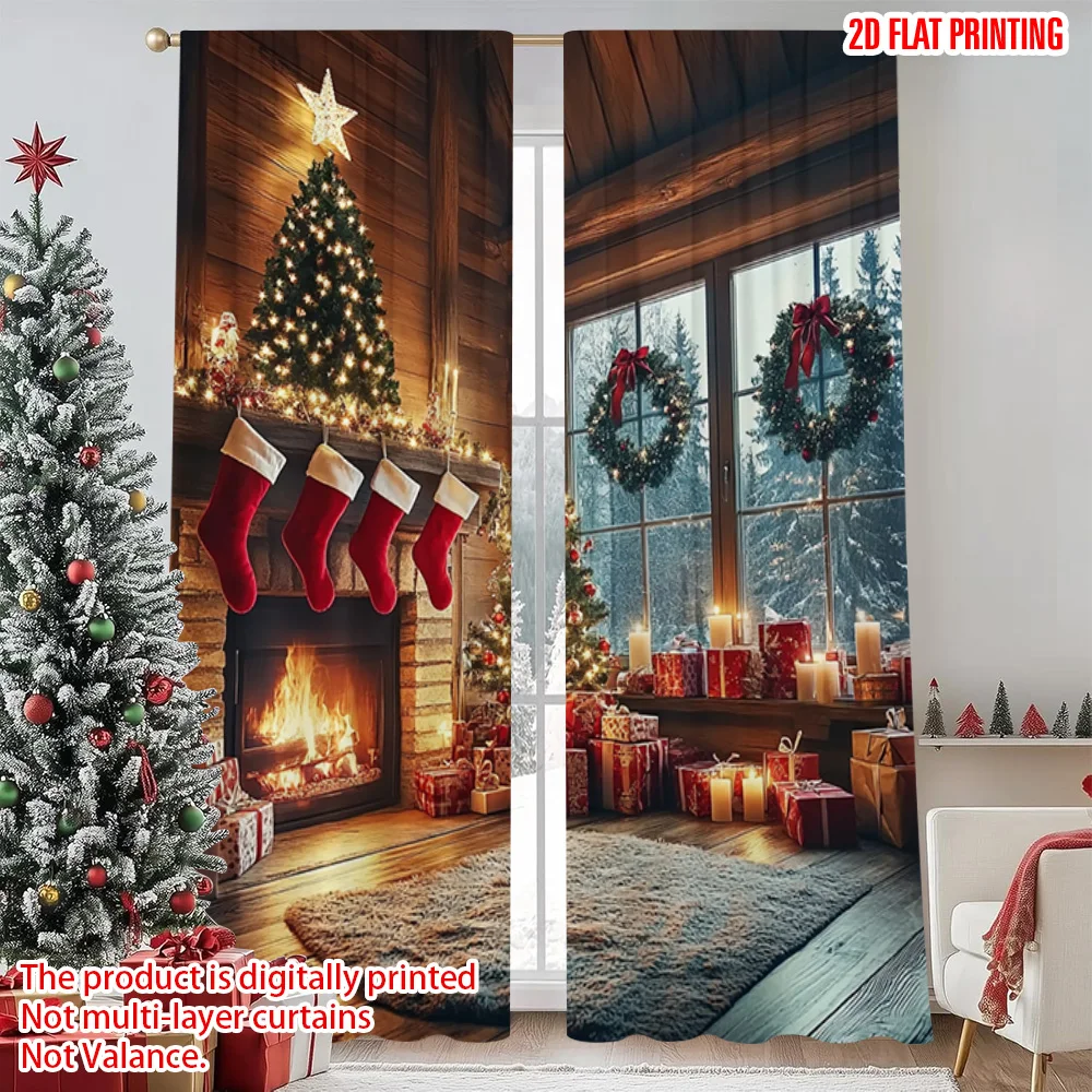 

2pcs 2D flat printing Merry Christmas Popular Curtains Farm Style Christmas Scene Versatile 100% Polyester Without Electricity
