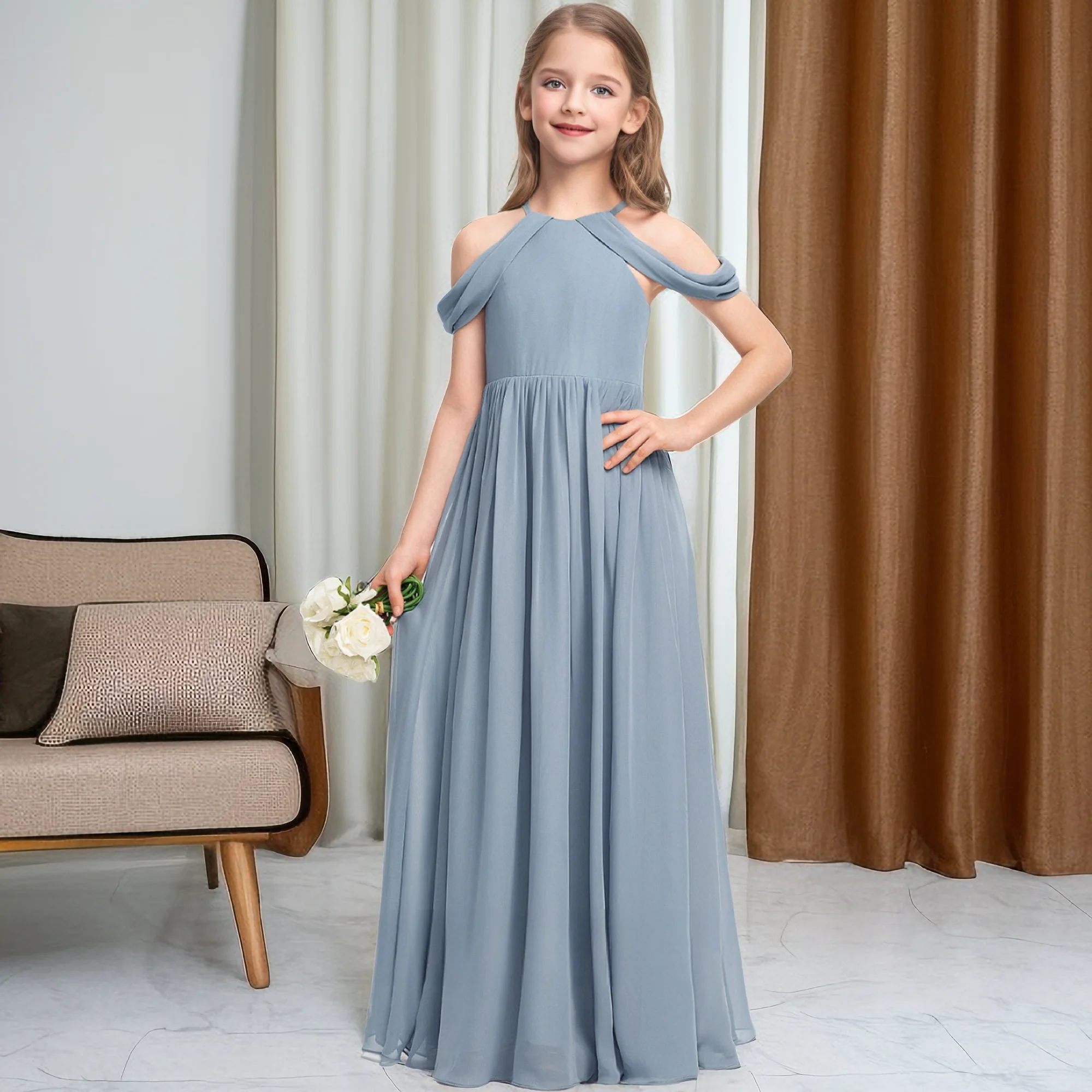 

Chiffon Long Junior Bridesmaid Dress Pageant Prom Night Wedding Birthday Party Event Ball Gown Celebration Banquet For Children