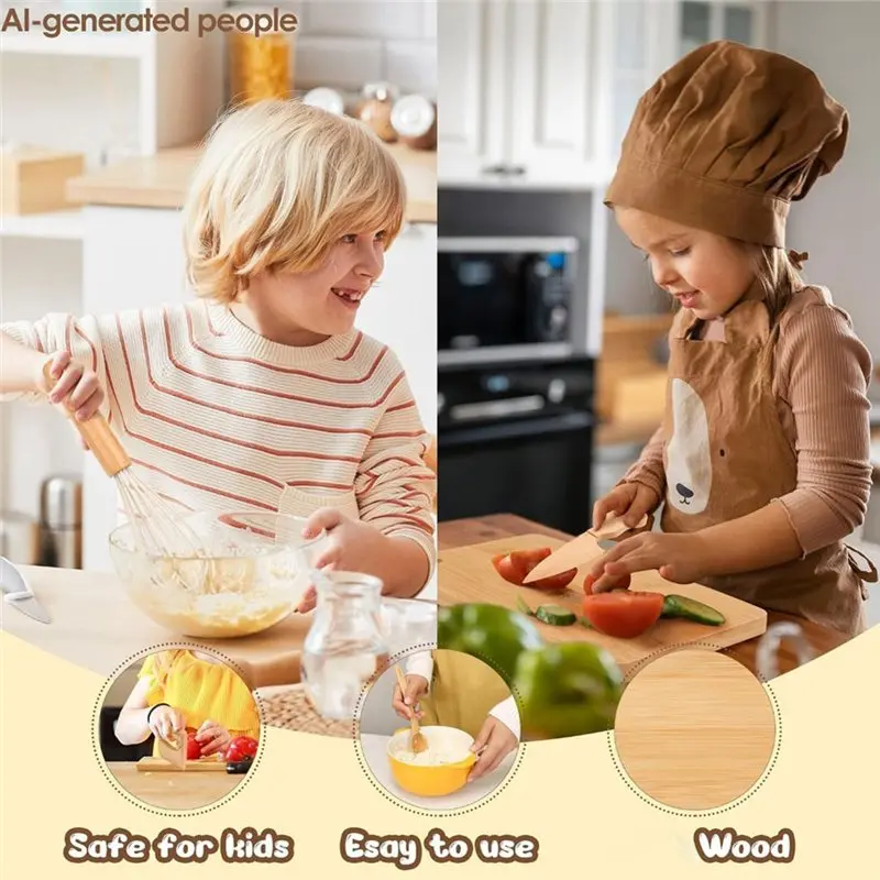 SHGO-Wooden Kids Knife And Toddler Baking Set For Real Cooking 6 PCS Montessori Toddler Kitchen Tools, Cooking Cutting Board
