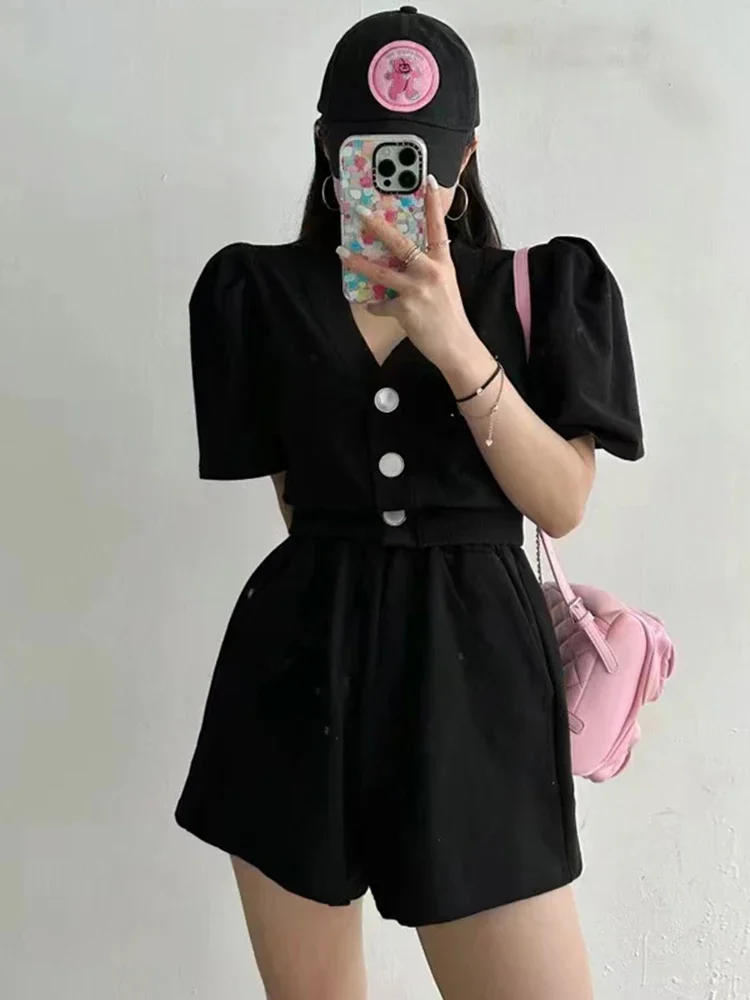 Two Piece Casual Loose Simple Basic Women Matching Set Gray Black Pink V-neck Set Chic Summer New Slim Solid Color Matching Set