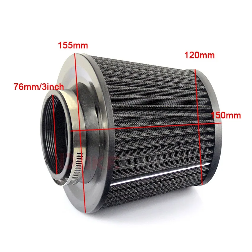 Black High Flow Air Filter Mushroom Head Inlet Cold Air Intake Cone Dry Filter 63/70/76MM