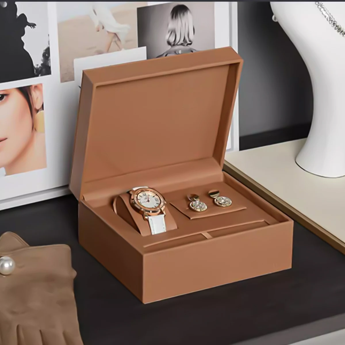 2026 Jewelry and Cufflink Box WatchBox Pen Box Combination High-end Gift Set3 Pieces Jewelry Packaging Display Case PU Leather