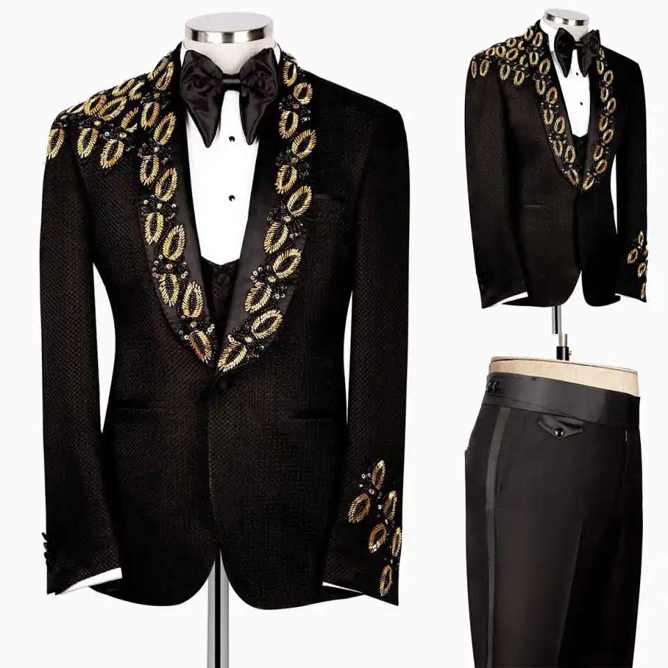 

Luxurious Beadeds Suits For Men Shawl Lapel One Button Jacket Blazers Plus Size Prom Male Party Customized 2 Pieces