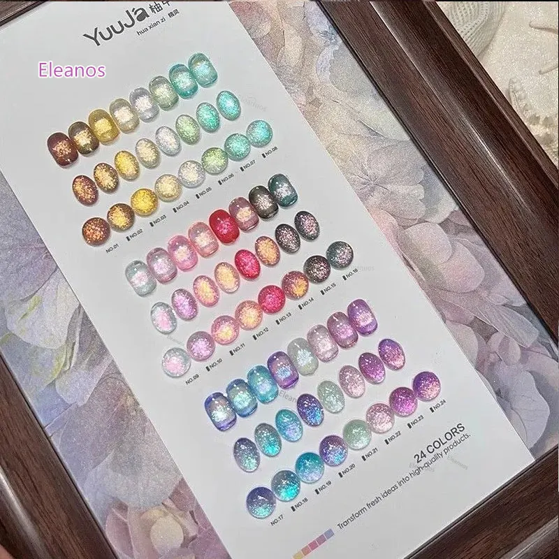 Eleanos Fairy Glitter 24 szt. Lakier do paznokci kocie oko z kolorowym kartonikiem 15ml Żel magnetyczny półtrwały Soak Off UV do salonu paznokci