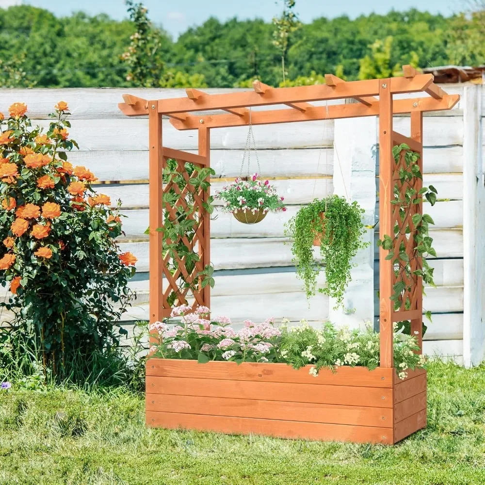 Soporte para plantas. Cama de jardín elevada con enrejado, macetero de madera con techo colgante, enrejado lateral y orificios de drenaje, sobre el suelo