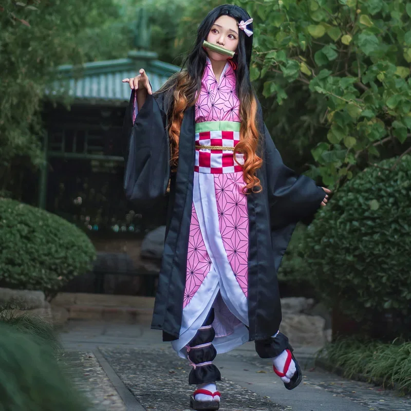 Anime Nezuko Cosplay Kostuum Kimono Devil Jager Kamado Nezuko Kostuum Pruik Womens Meisjes Kimono Uniform Kleding