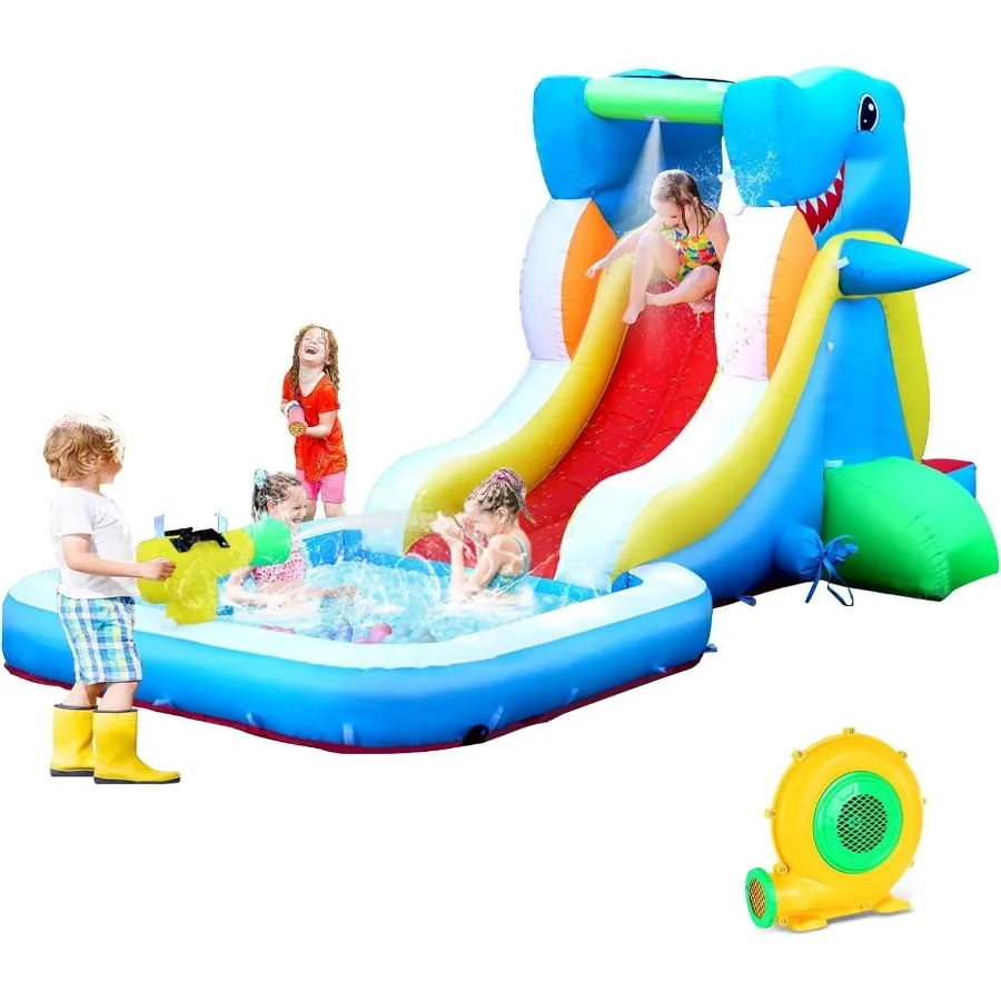Opblaasbaar waterglijbaan springhuis voor achtertuin peuter opblaasbaar uitsmijter met luchtblazer splash zone klimmuur waterkanon