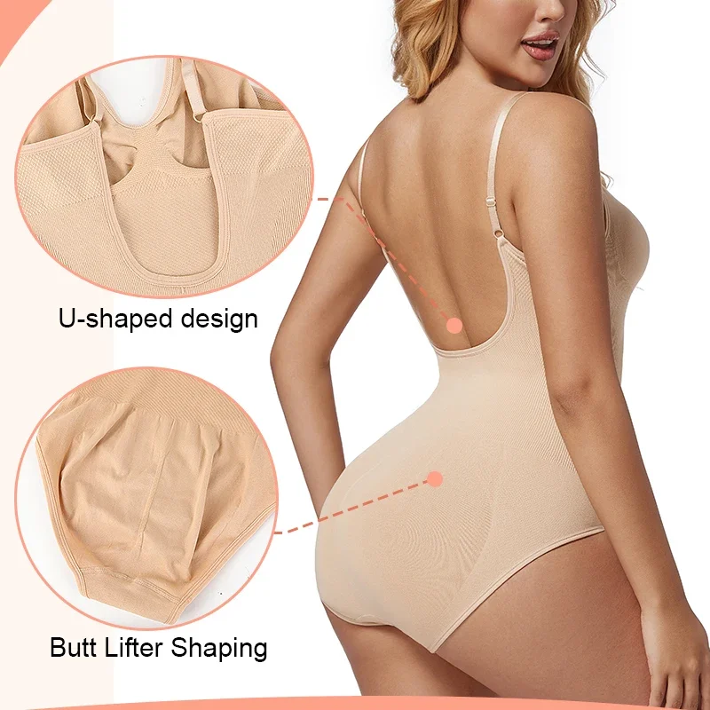 MISSMOLY Womens Low Back Shapewear Bodysuits Open Crotch Body Shaper Tummy Control Push Up Corset Camisole Backless Underwear