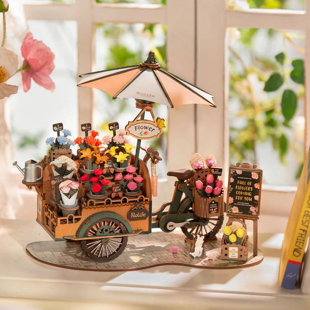 

Деревянная тележка для цветов: 3D-пазл-конструктор (187 деталей), без клея, подвижная модель для самостоятельной сборки, романтический подарок для взрослых и детей, декор для дома и диорамы