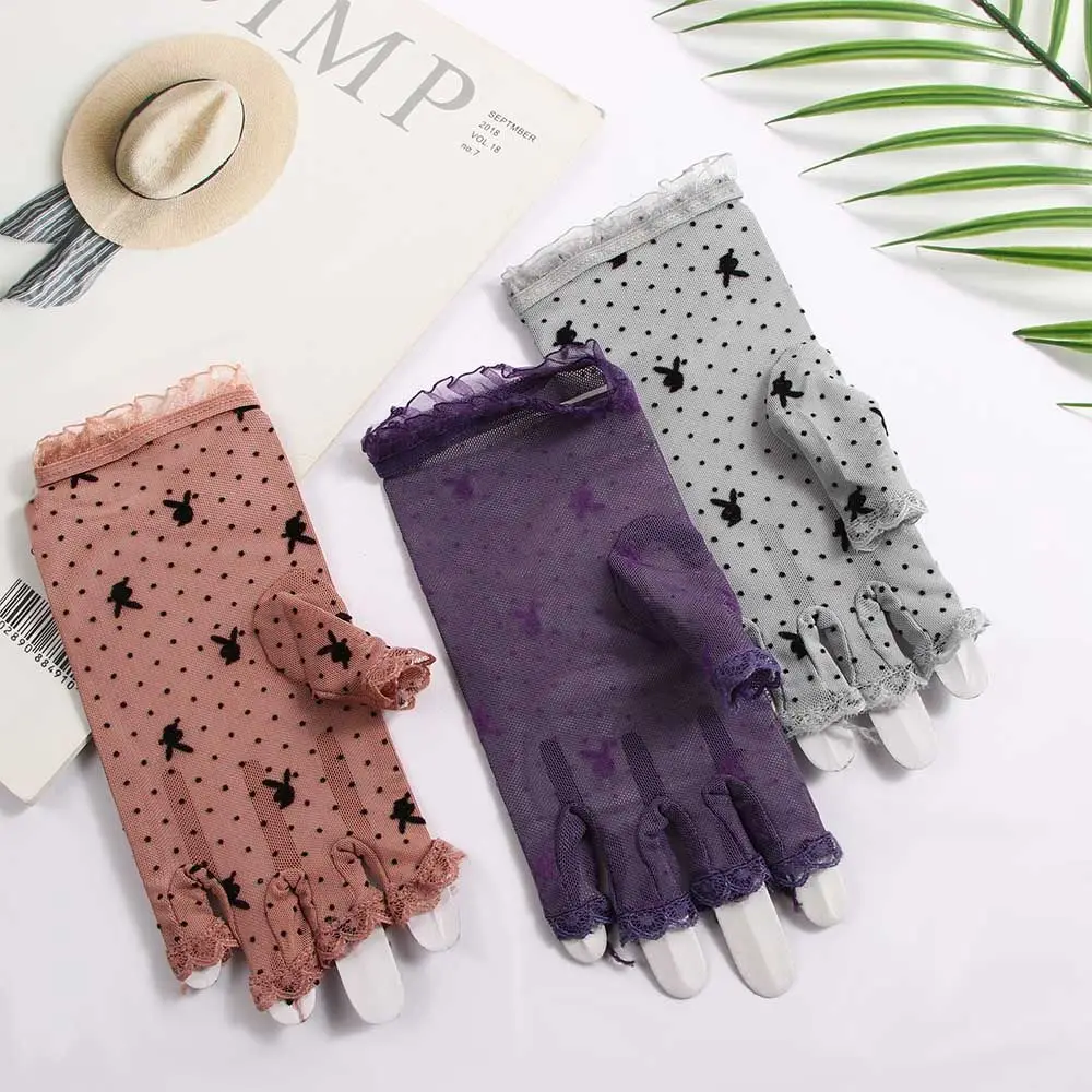 

Retro Thin Lady's Sun Protection Dots Mesh Driving Gloves Rabbit Head Pattern Lace Gloves Fingerless Mittens