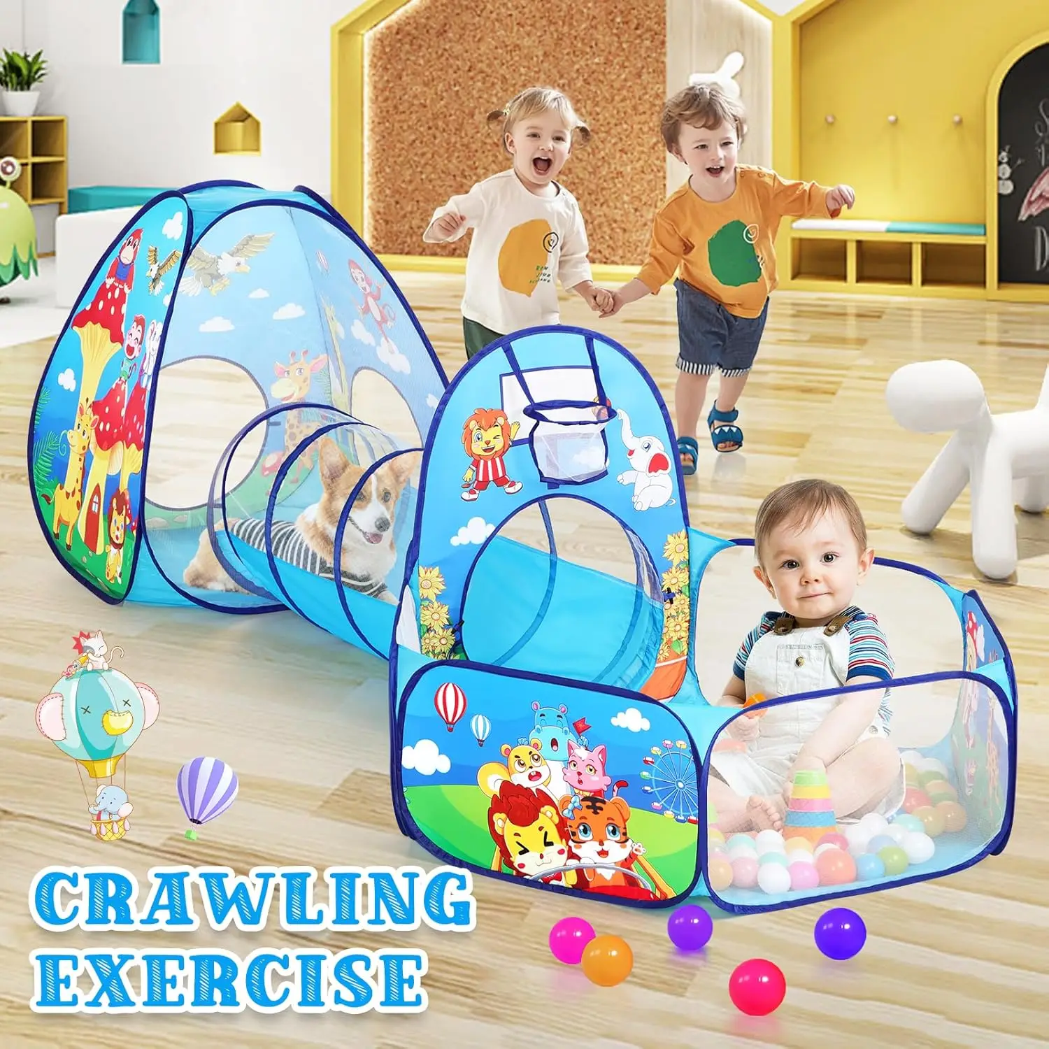 Tente de jeu 3 en 1 pour enfants, avec Tunnel et fosse à balles, pour garçons et filles, jouet de maison de jeu Pop-Up pour intérieur et extérieur (Jungle 3 pièces