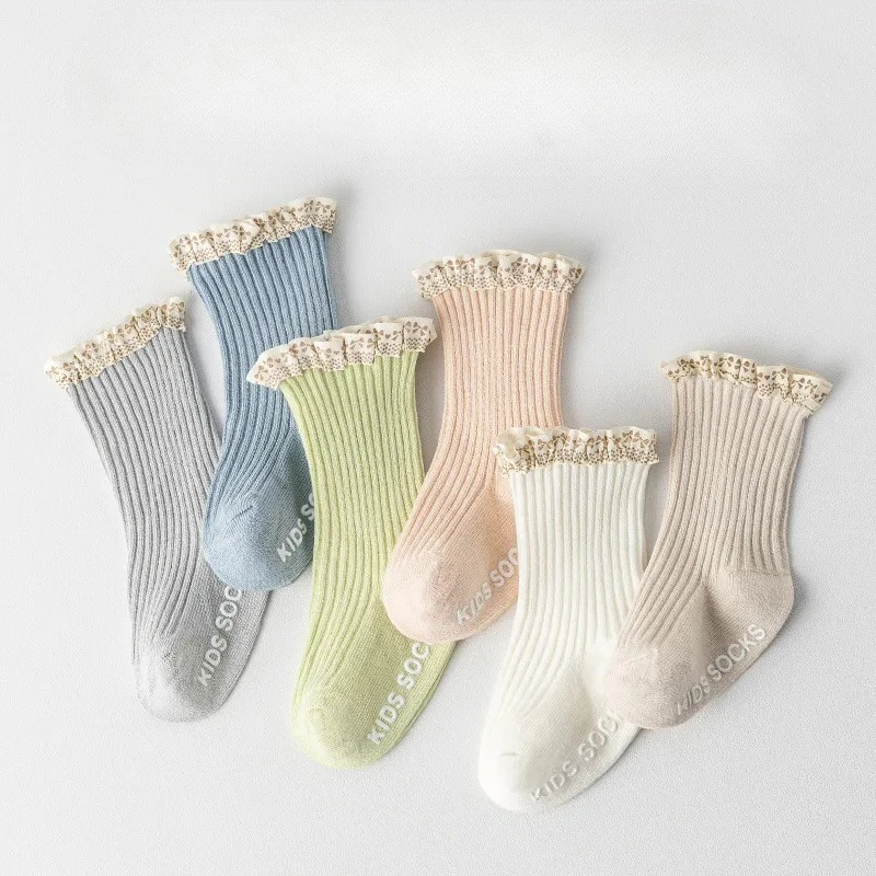 Infant Newborn Baby Socks Soft Cotton Knitted Candy Color Trim Mid Crib Ruffle Socks Seamless Toe Anti-Slip for Infants Toddler