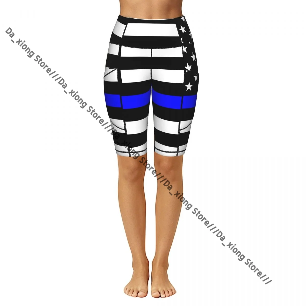 Women High Waist Yoga Shorts Thin Blue Line Flag United_States Stretch Hip Lifting Quick Dry Fitness Sports Shorts
