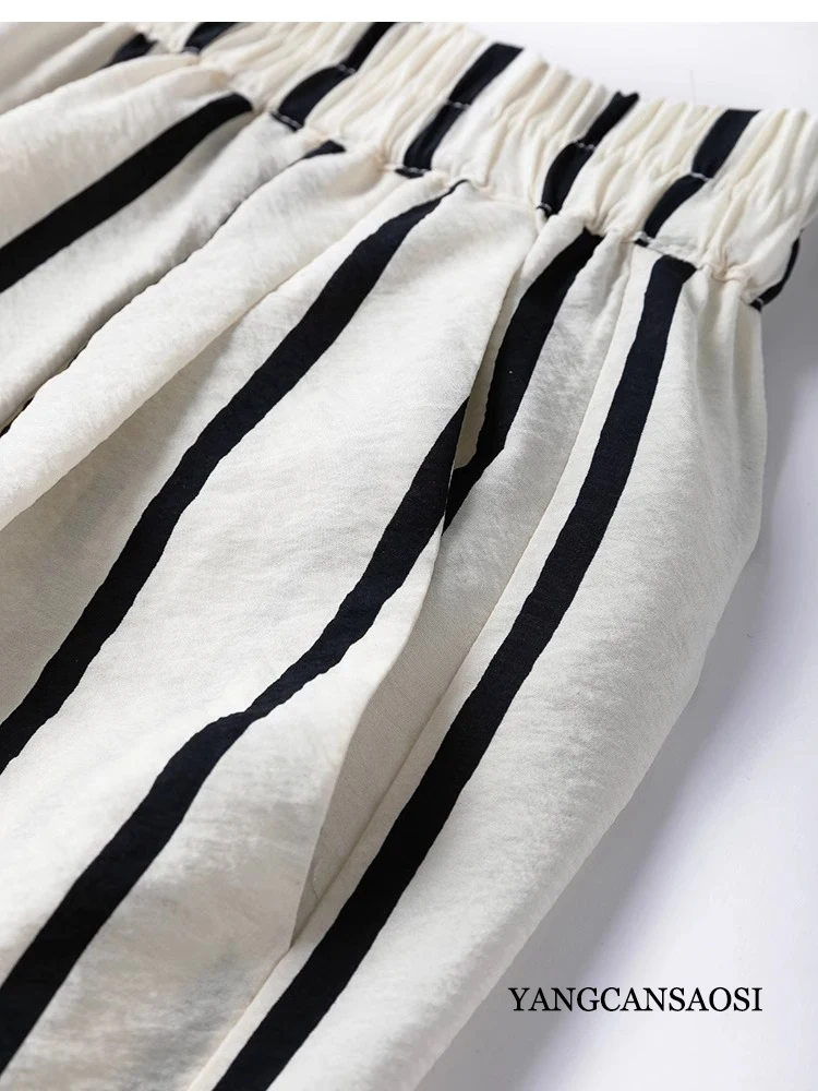 Women's Fashion Clothing Striped Pants 76% Natural Mulberry Silk Dry Silk Texture Elastic Waist Pocket Design Harem Pants