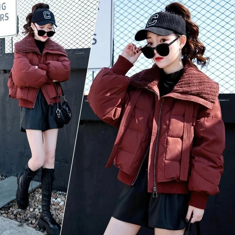 

Women Thicken Cotton-padded Jacket Spliced Lapels Casual Down Cotton Coat Winter Warm Loose Short Jacket Coat Female Outerwear
