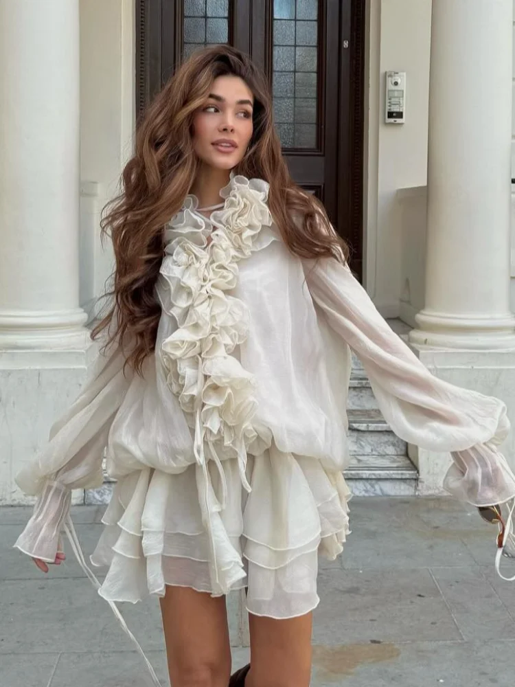 

New 3d Flower Lotus Leaf Edge Dress Elegant Layered Ruffles Full Sleeve Lace Up Chiffon Vestido 2025 Summer Fashion Lady Robes