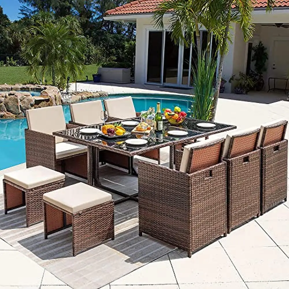 Patio Wicker Rattan Dining Set Chairs with Glass Table 11 Piece Outdoor Furniture Set Small Spaces Brown/Beige Ergonomic Design