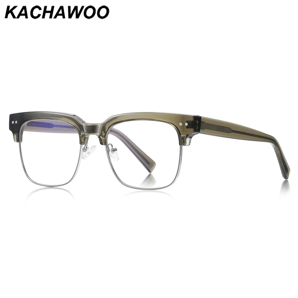 

Kachawoo retro blue light blocking glasses for men business TR90 half frame metal square eyeglasses frame male green silver