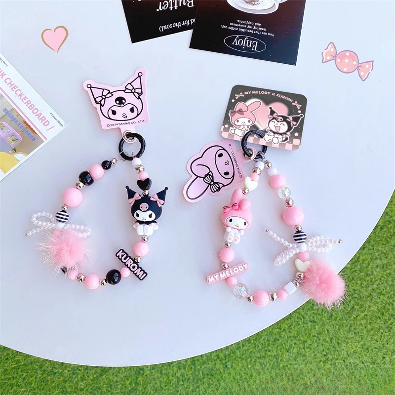 Sanrio-serie grijze en roze kralenketting sleutelhanger schattige Kuromi My Melody rugzak decoratieve hanger kinderspeelgoed verjaardagscadeau