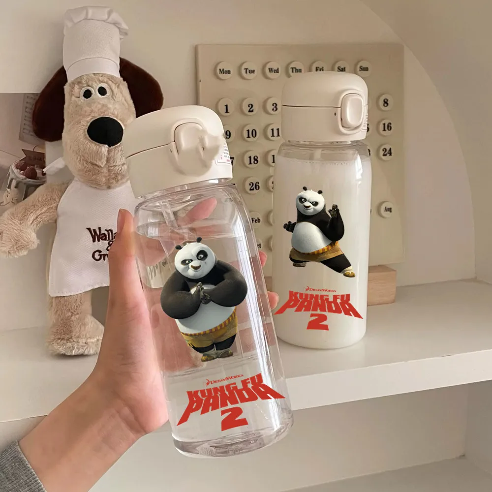 Cartoon Kung Fu Panda 600ml Water Bottle Cute Straw Cup Childrens Portable Leak-proof Drinking Jug Outdoor Camping Travel Sports