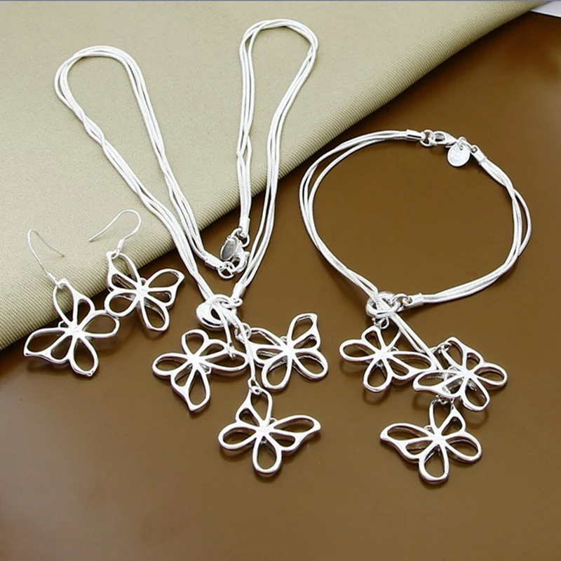 

3pcs 925 Sterling Silver Three Butterfly Earring Necklace Bracelet Set For Woman Wedding Charm Jewelry