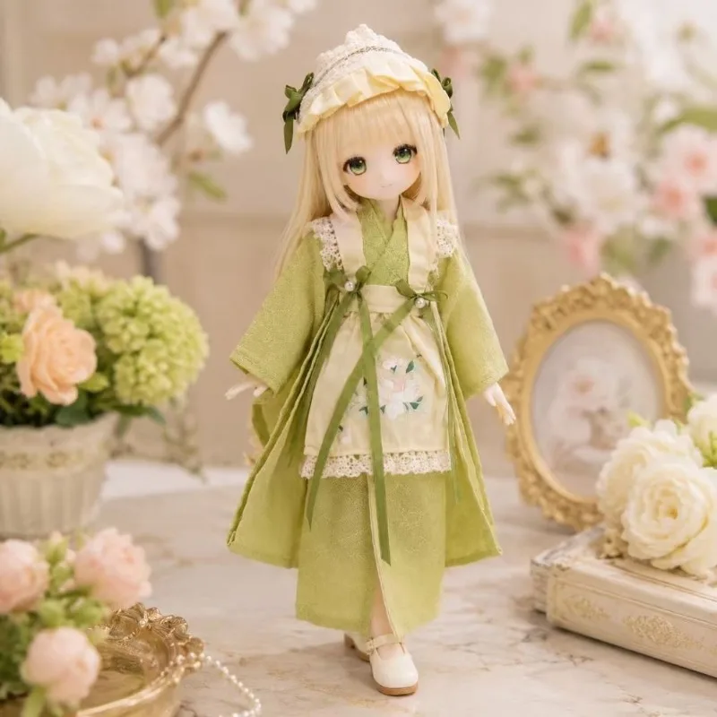 Cute Green Lace Trim Kimono Set with Headwear Action Figures Clothing for AzoneM/Ob24 Blythe Dolls Model